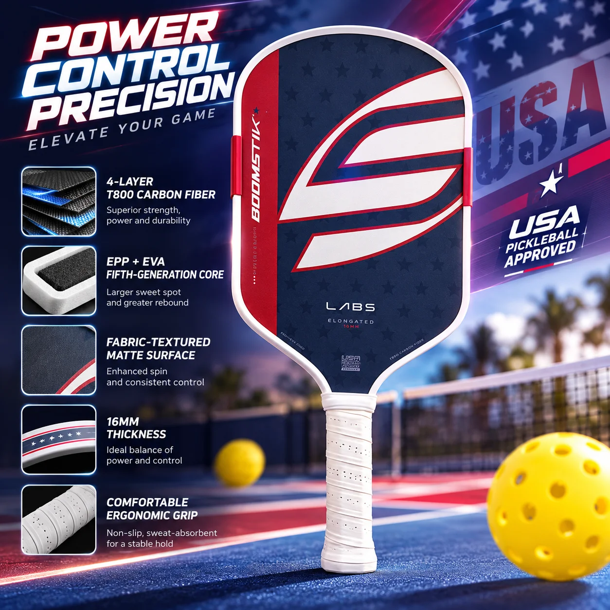 SLK Boom 5th generation pickleball paddle, hot-pressed and molded in one piece