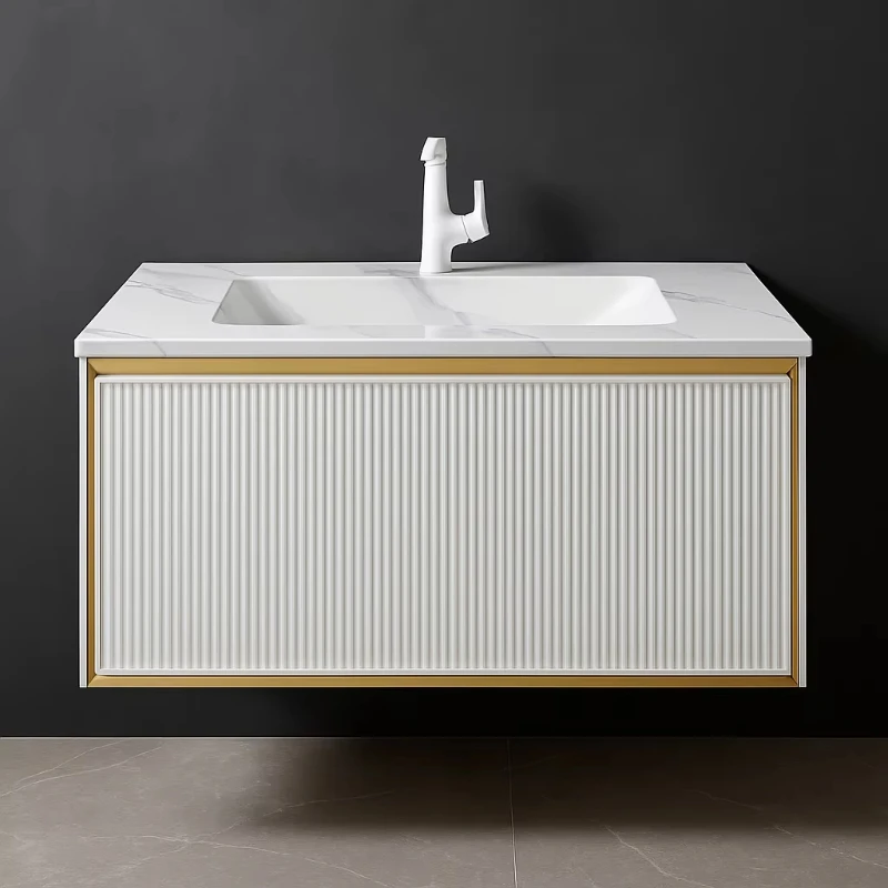 

Modern Contemporary Wall Mounted Stone Top Integrated Sink Stainless Steel Bathroom Vanity