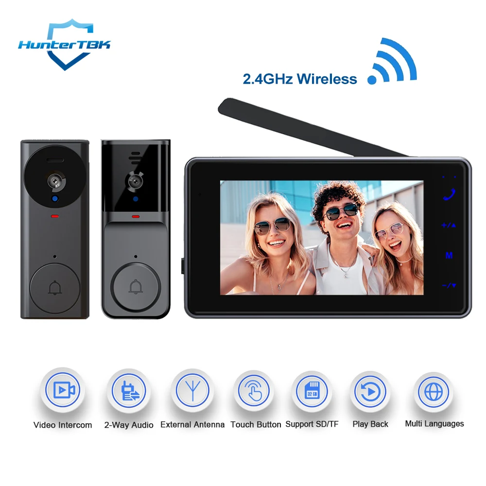 Wireless Video Doorbell with 4.3'' IPS Screen 2-Way Audio 2.4GHz Visual Intercom Doorbell Camera Recording Bell with Antenna