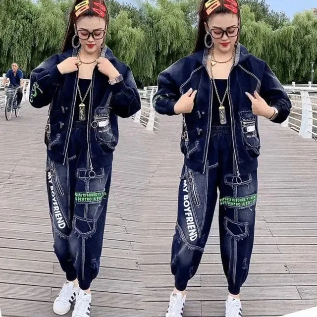 Wiosna jesień 2023 luźna moda Pant zestawy damskie Oversize Denim kurtki płaszcze + wysokie czekanie workowate dżinsy Casual dwuczęściowy zestaw