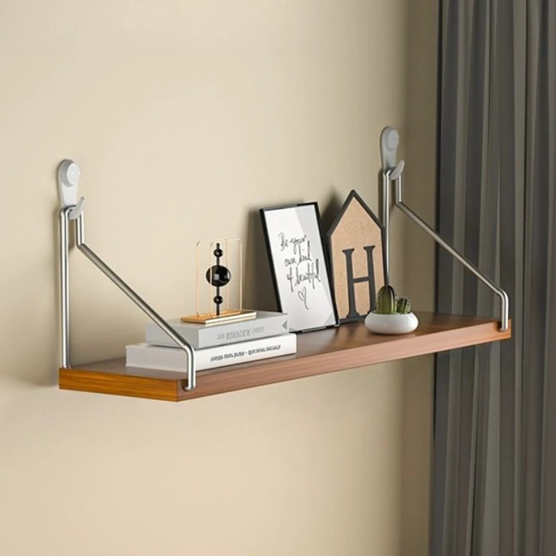 Wooden Floating Wall Shelf Stainless Steel Multifunctional Wall Shelves Minimalist Book Storage Rack Home Bedside Organizer Rack