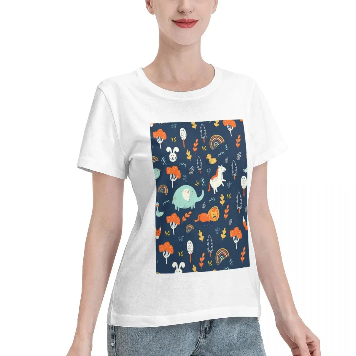 Best Seller Cute Hand Drawn Cartoon Forest Animals Pattern Women's T-shirt Shopping Basic Tops For Women