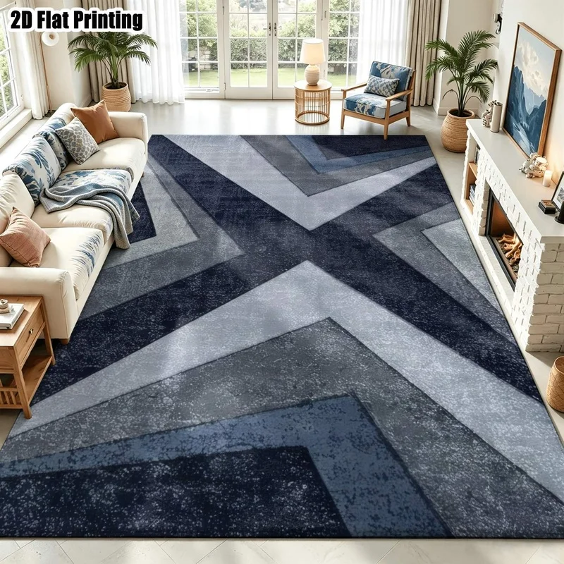 Large Indoor Area Rug, Soft Velvet Low Pile Machine Washable, Modern Geometric Pattern in Navy & Gray, Great for Living Room, Bedroom, Indoor Decor