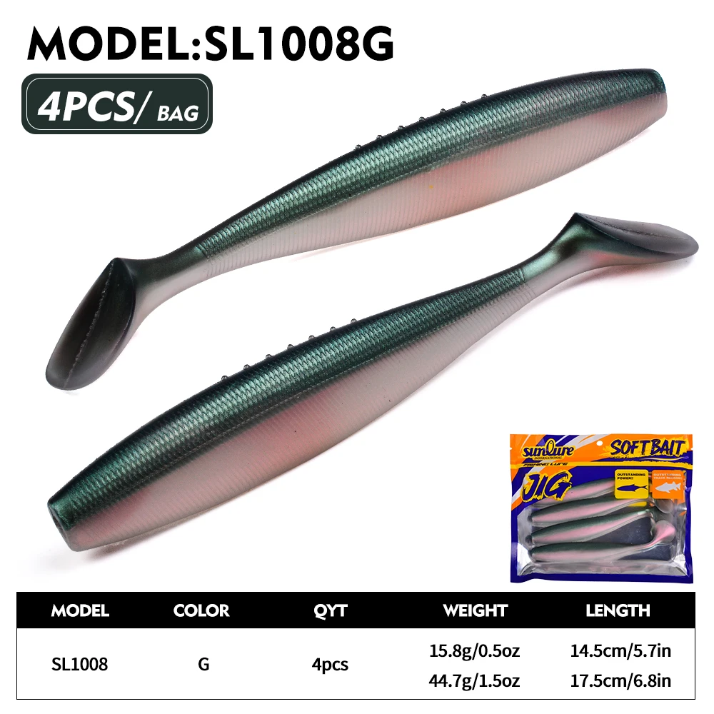 Sunlure 4 Stück/Beutel T-Tail Paddle Weichköder Künstlicher Silikon-Glitzer-Swimbait 14,5/17,5 cm Weichköder für Bass-Salzwasserfischen Pesca