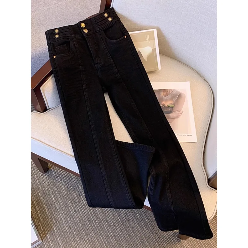 

Black Flared Jeans for Women, Thickened Fleece-Lined, High-Waisted, Split, Slimming, Bell-Bottom Pants