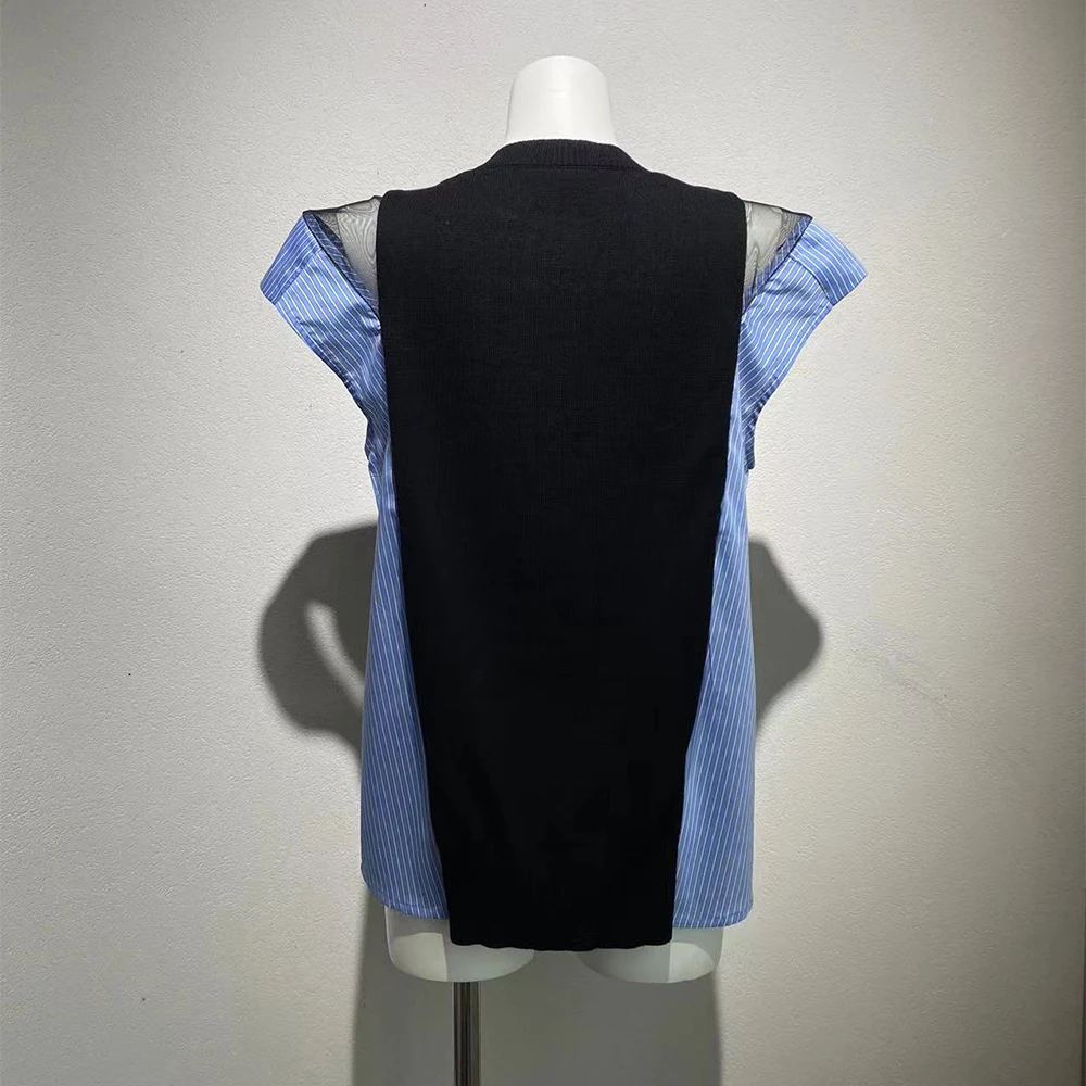 Cotton-Blend Contrast-Color Knit Lace-Panel Women's T-Shirt Elegant Commuter Crewneck Short-Sleeve Tees Top Spring 2026 New Y2k