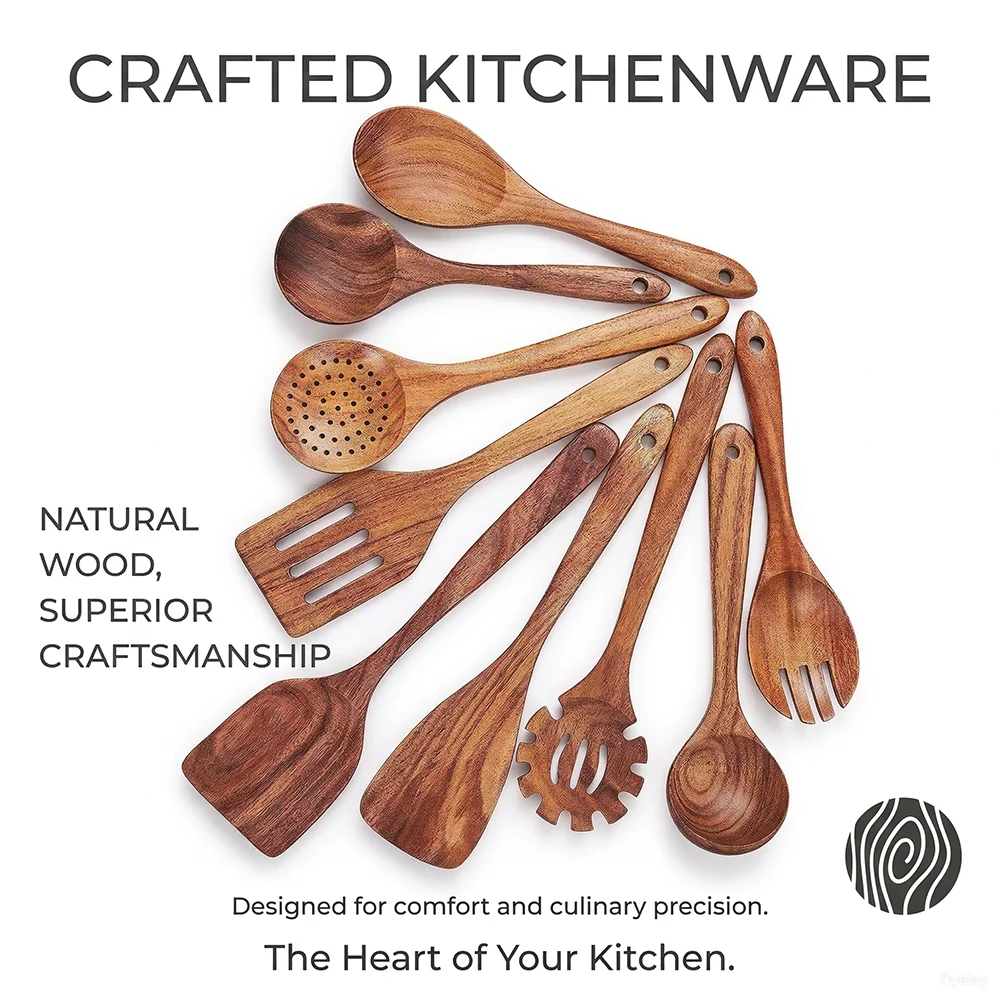 Imagen 6: Juego de 10 Utensilios de Cocina de Madera de Teca, Cucharas de Madera para Cocinar
