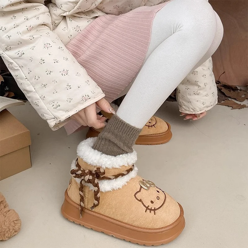 Sanrio Kawaii Bow Hello Kitty Warm and Versatile Thick Bottom Snow Boots Women's Winter New Anti Slip Short Boots Christmas Gift