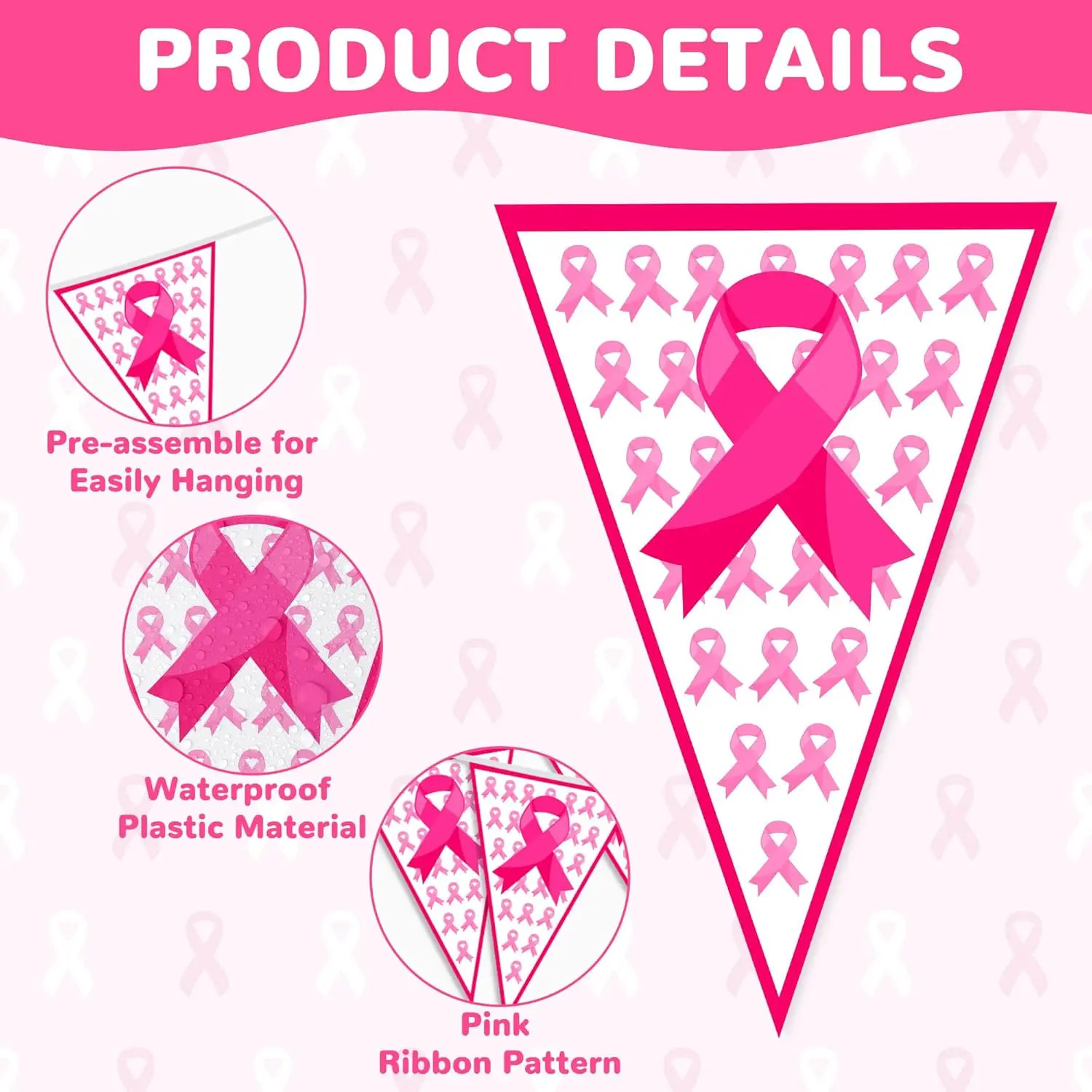 100 Fuß rosa Bandbanner – 60 Stück Brustkrebs-Bewusstseins-Wimpelflaggen, vormontierte Dekoration für Partywand im Innen- und Außenbereich – Detail 3