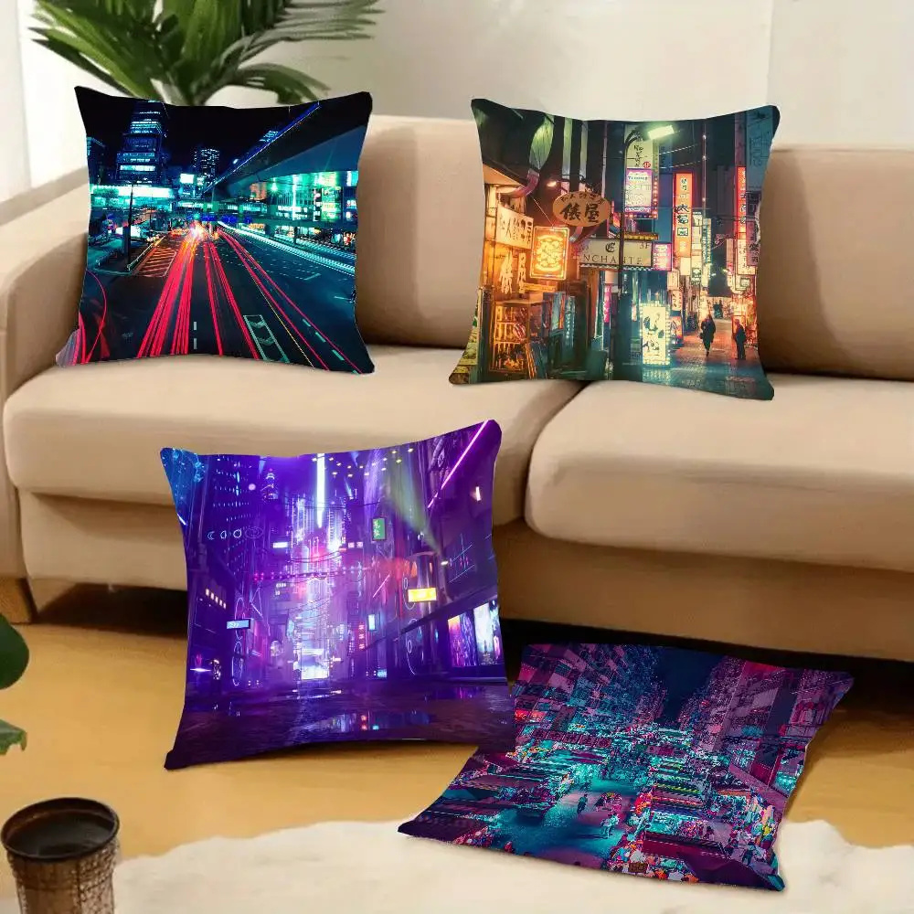 Taie d'oreiller carrée en forme de ville néon, 1 pièce, à la mode, pour chambre à coucher, canapé, chambre à coucher, décoration de loisirs