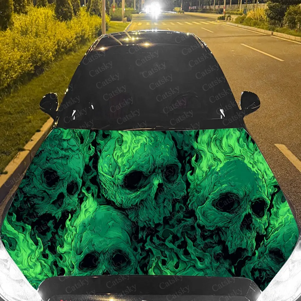 Car Decal Macabre Artistic Design with Skull Cluster in Fiery Green-Hued Style Car Hood Sticker, Waterproof Self - Adhesive PVC
