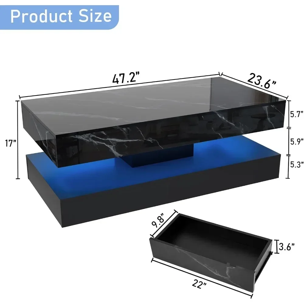 47inch Large High-Glossy LED Coffee Table with 2 Sliding Drawers, Living Room Storage Tables with Marbling Print, Modern Stylish