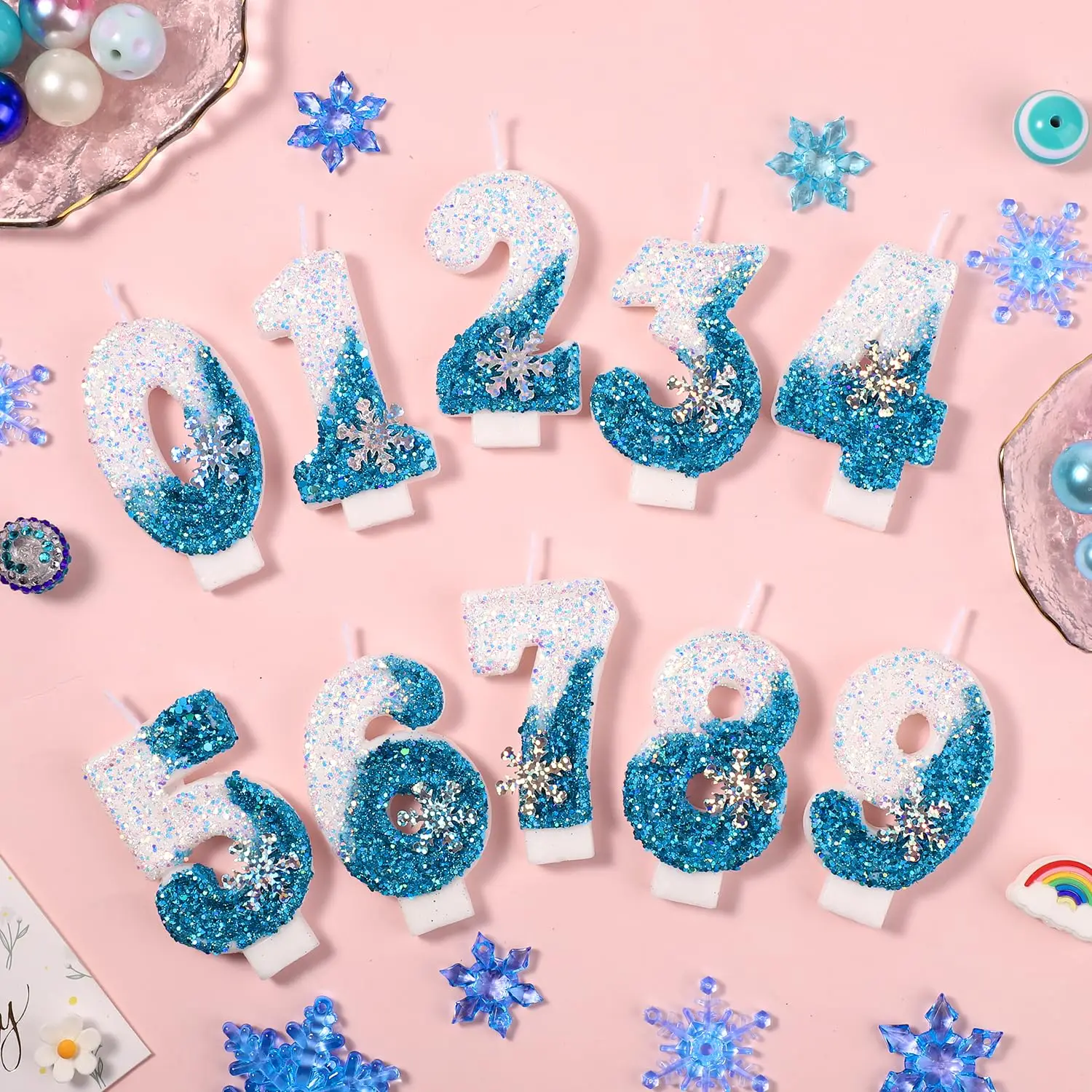 Frozen Birthday Candles 0-9, Snowflake Glitter Number Candles White and Blue Cake Decorations for Kids Adults Birthday Wedding