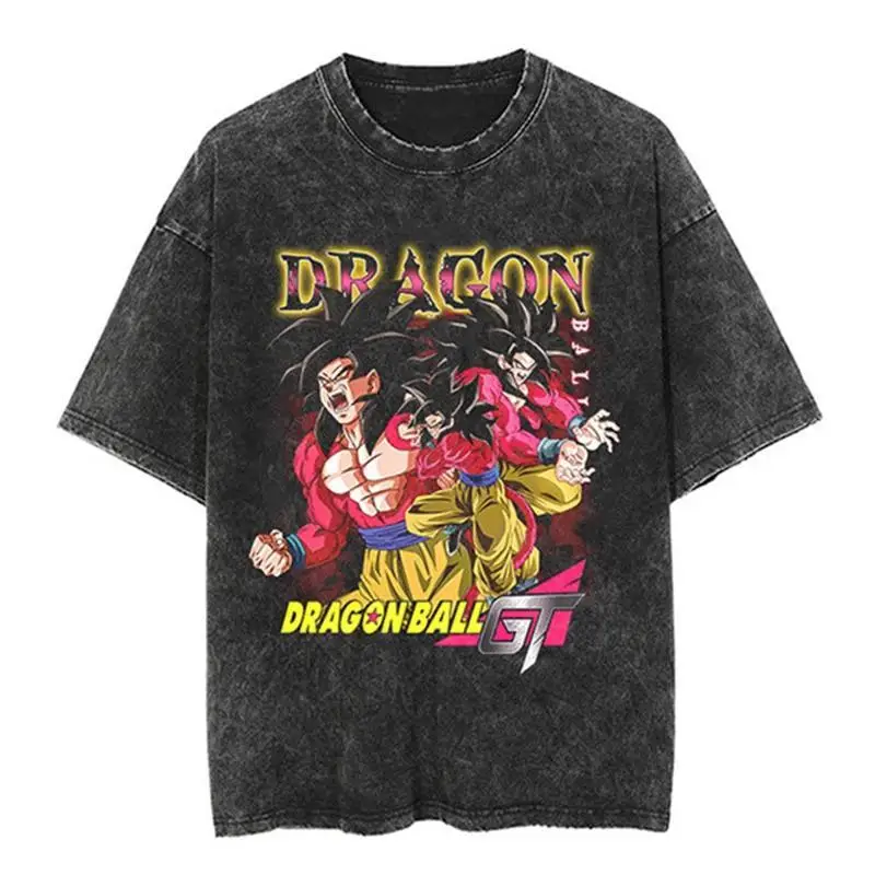 

New BANDAI Japanese Classic Dragon Ball Goku Cartoon Anime Oversiz High Street Vintage Washed Do Old Short Sleeve Summer T-shirt
