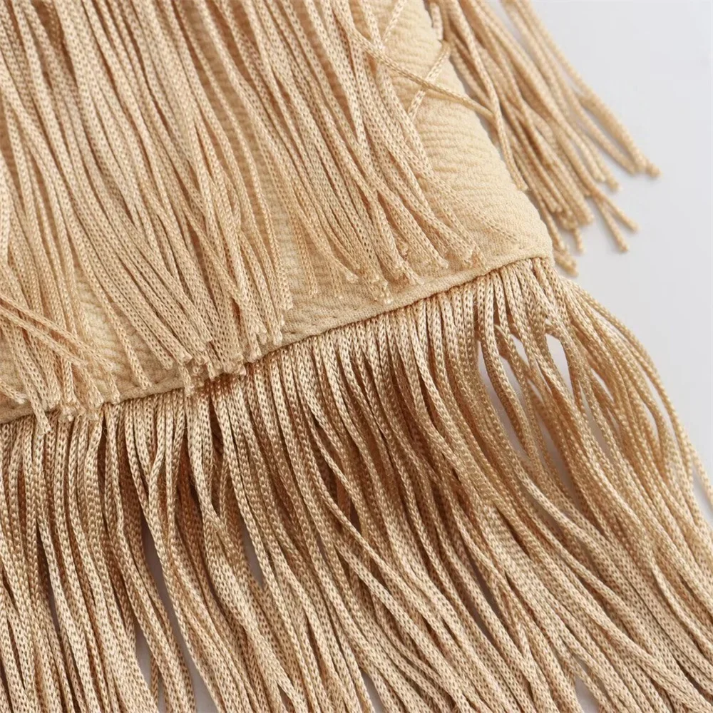 Chic Waist Hollow Tassel Splicing Maxi Dress Women's Sexy V-Neck Sleeveless Slip Dress Elegant Beach Wear Tank Top
