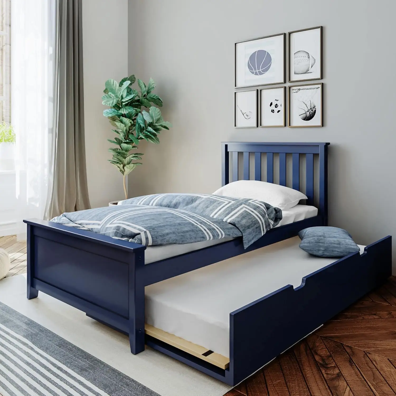 Twin Bed Wood Bed Frame with Headboard For Kids with Trundle Slatted Blue our beds for kids are the perfect addition