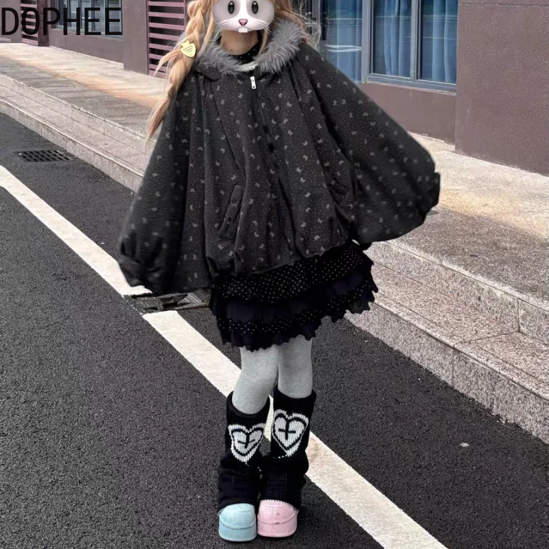 Vintage Polka Dot Thicken Velvet Women Wadded Jacket Japanese Wind Hooded Short Zip Cardigans Coat Batwing Sleeve Cloak Coats