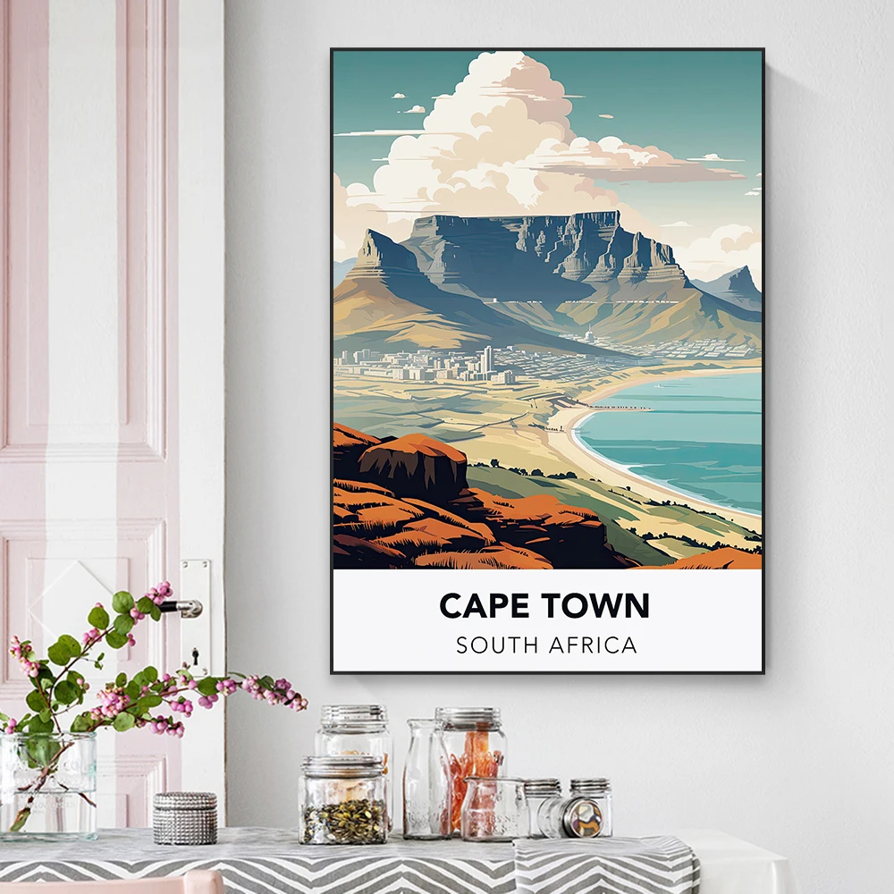 

South Africa Colorful Travel Poster Cape Town Print Retro Landscape Nature Vintage Canvas Painting Office Room Decoration