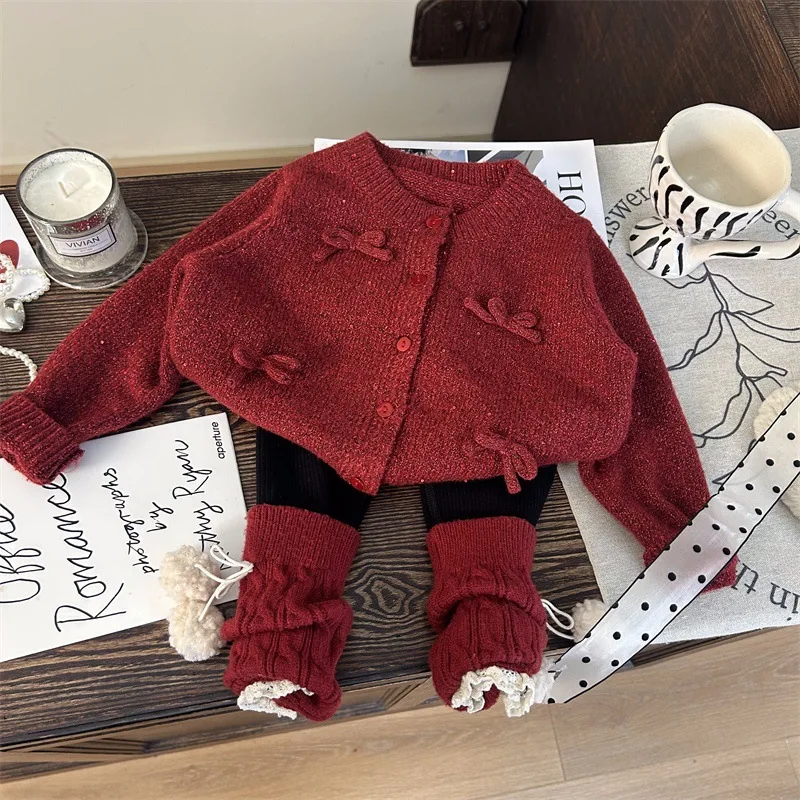 

Children's Clothing New Winter Girls Red Sequin Sweater Cardigan Pile Socks Plus Velvet Leggings Set