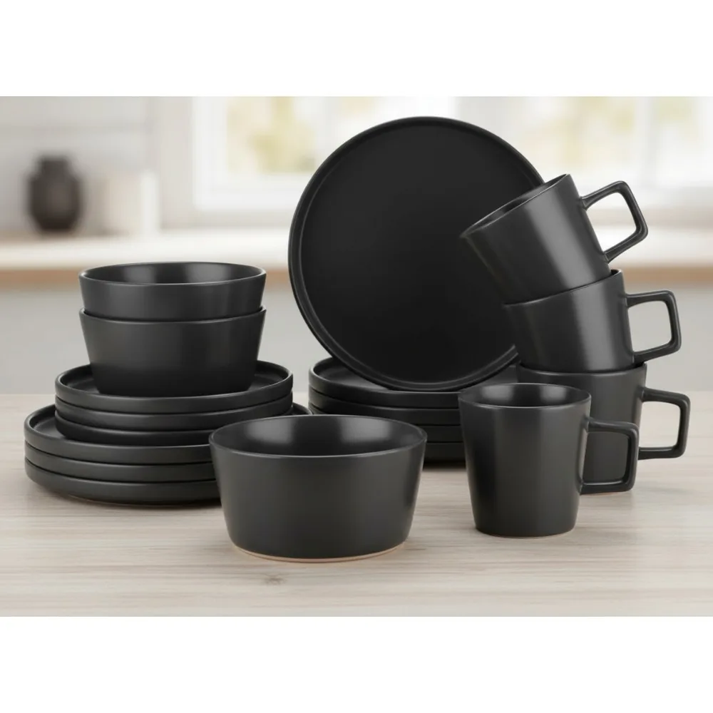 

Набор столовой посуды из керамогранита, 16 предметов, черные матовые тарелки и миски, сервиз на 4 человека, можно использовать в микроволновой печи и в посудомоечной машине