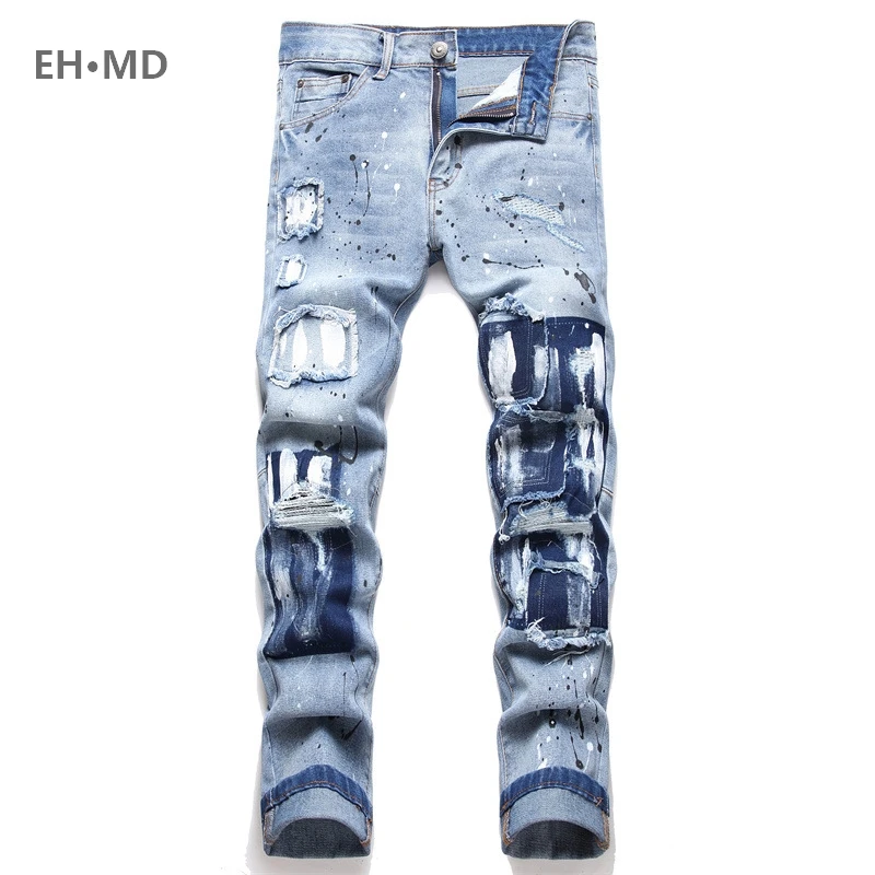 

Summer Splash Ink Painted Jeans Men's Worn Soft 3D Hollow Long Pants Hip Hop Motorcycle Style Repair Tall Street Pure Cotton 024