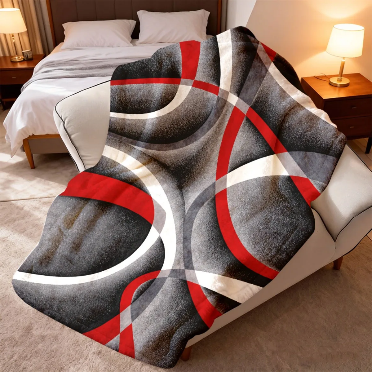 1pc Abstract Red White Grey Wavy Textured Pattern Flannel Blanket Multi-Purpose, Skin Friendly, Vibrant Colors, Ultra Soft Perfe