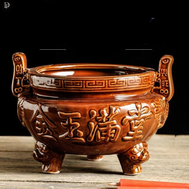 

Modern Simplicity Ceramic Three-Legged Incense Burner Indoor Outdoor Home Decorative Fragrance Bowl Antique Bronze Double-Ear