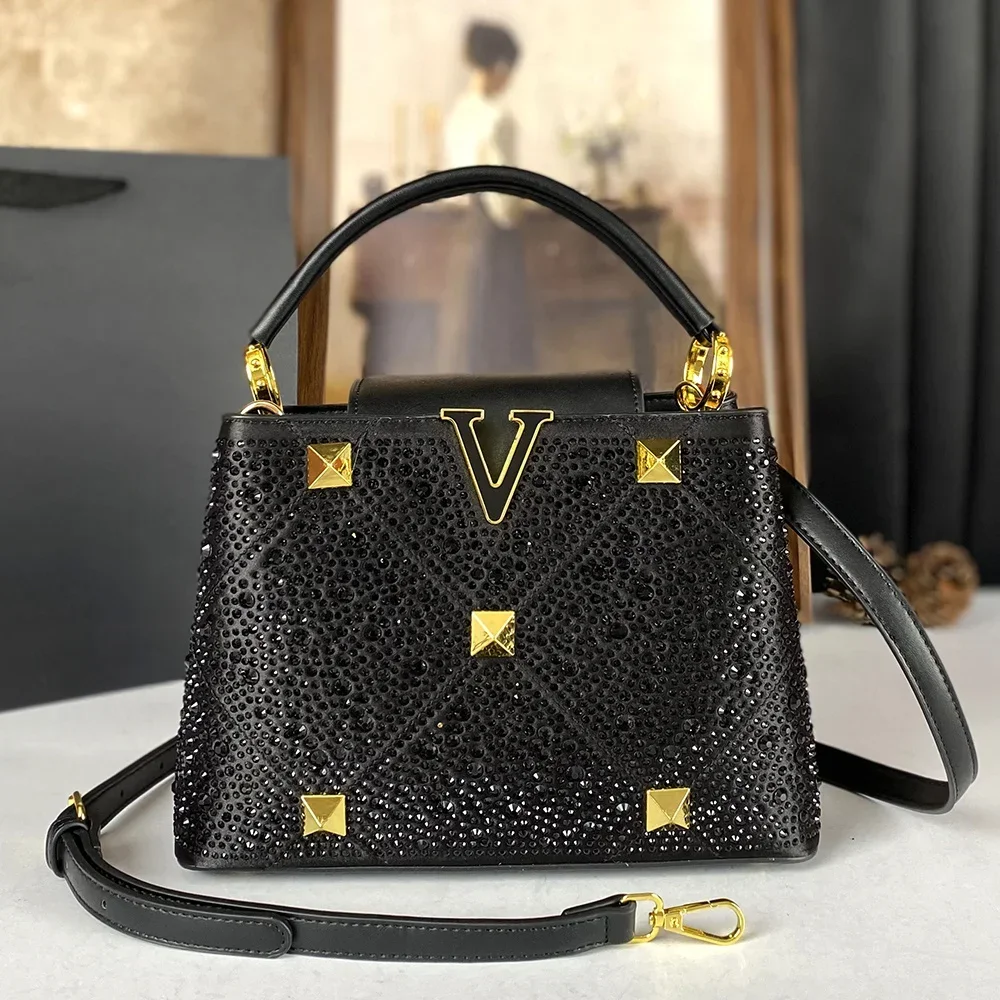 Shining Diamond Style Handbag 2025 New European and American Women's Bag Rivet Water Diamond Decoration Light Luxury Single