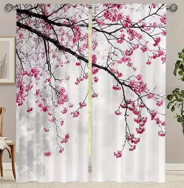 2pcs Cherry Blossom Floral Print Semi-Blackout Curtains - Japanese National Flower Design, Rod Pocket Style Curtains