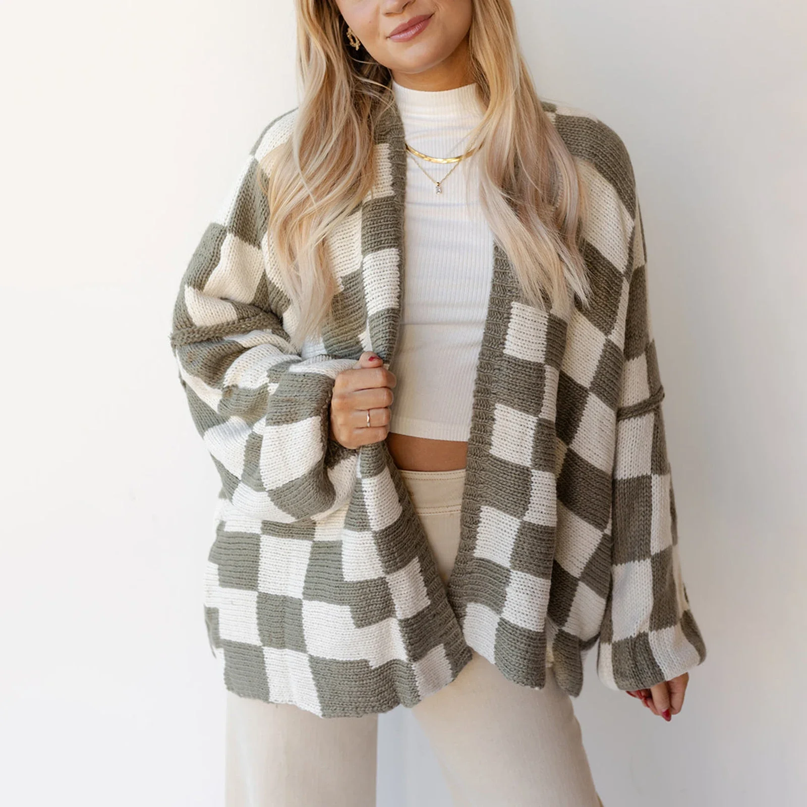 Women Oversized Plaid Cardigan Y2K Long Sleeve Checkered Open Front Knit Sweater Casual Loose Outwear Streetwear