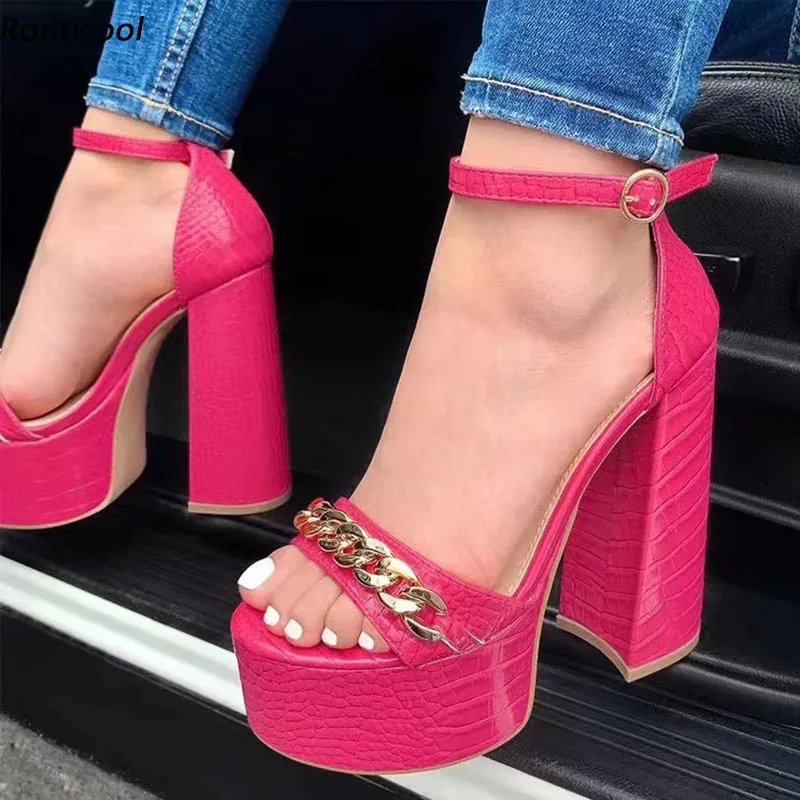 

Rontic/женские сандалии ручной работы на платформе из крокодиловой кожи на высоком квадратном каблуке с открытым носком, красивые вечерние туфли цвета фуксии, розовые, зеленые, размер США 5-15