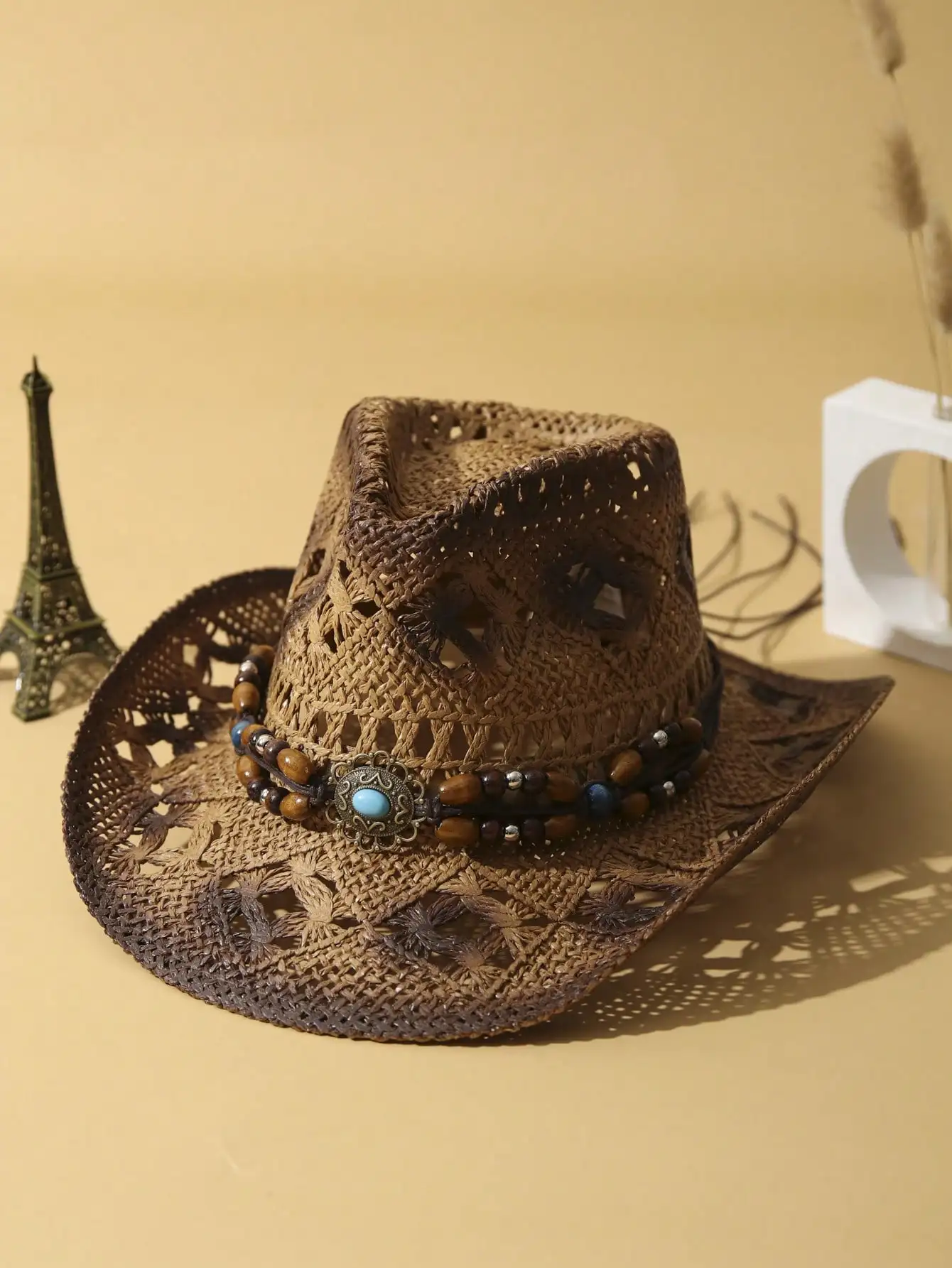 1‑Piece Unisex Hand‑Woven Boho Straw Sun Hat, Hollow‑Out Dye‑Printed Wide‑Brim Cowboy Cowgirl Beach Hat with Wooden Bead Decor & Beaded Trim Band, Breathable Shade Hat for Summer Travel