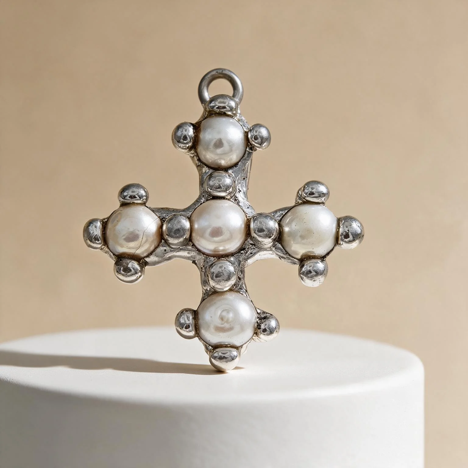 40mm Cross Shaped Freshwater Pearl Pendant, Handmade Soldered Metal Cross Charm, Natural Pearl Necklace Pendant, Vintage Gothic