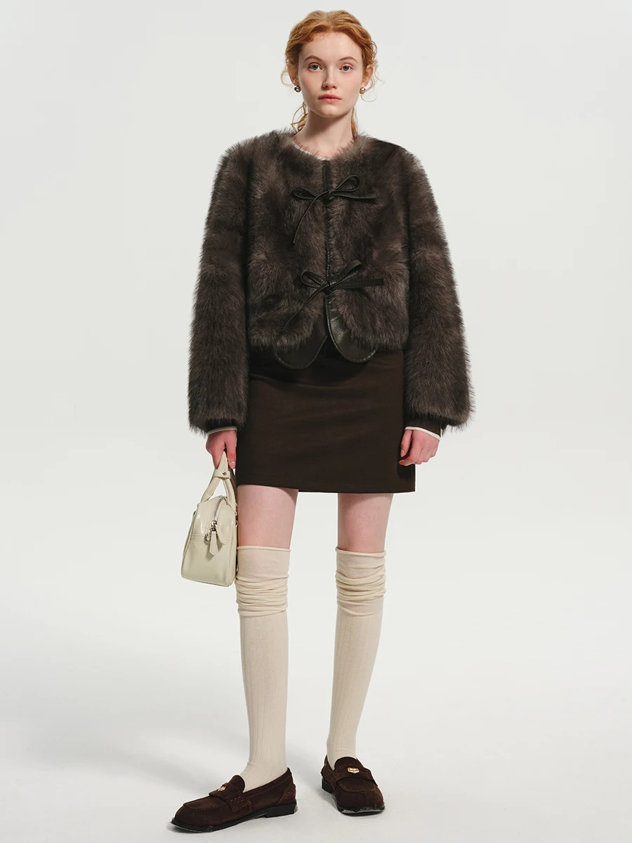  plus Velvet Fur Coat with Bow Tie Short Thick Warm Winter Outerwear for Young Women Korean Style Casual Commute