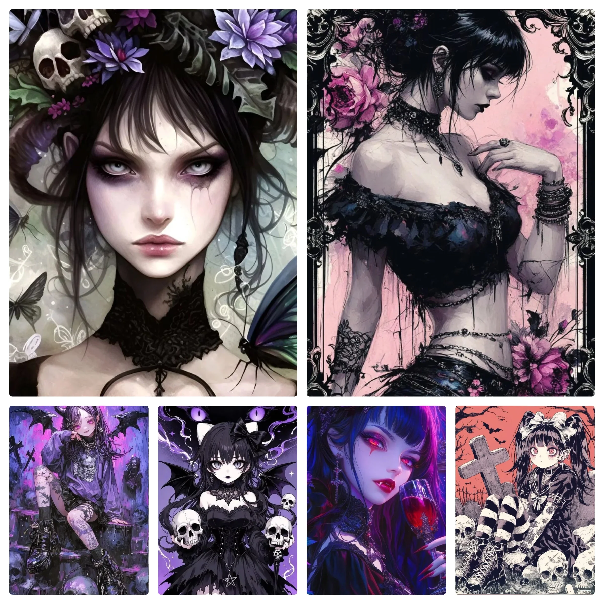 DIY Gothic Teufelshorn Fledermaus Mädchen Schädel Dunkles Anime-Porträt Diamantmalerei Mosaik Handgemachte Kunst Exquisite Heimdekoration