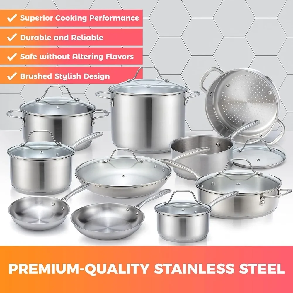 Pots and Pans Set 17-Piece, Ultra-Clad Pro Stainless Steel Cookware Set, Ergonomic EverCool Handle, Includes Saucepans, Skillet