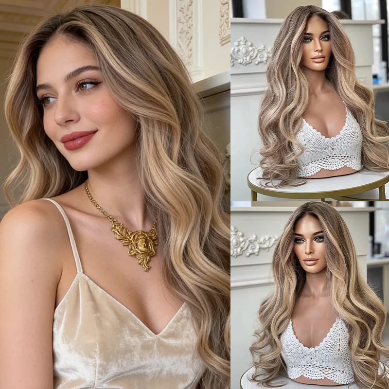 Blonde Brown Lace Frontal Wig Rooted Brown Heat Friendly Synthetic Wig Blonde Bouncy Wavy Wig for White Black Women reze cosplay