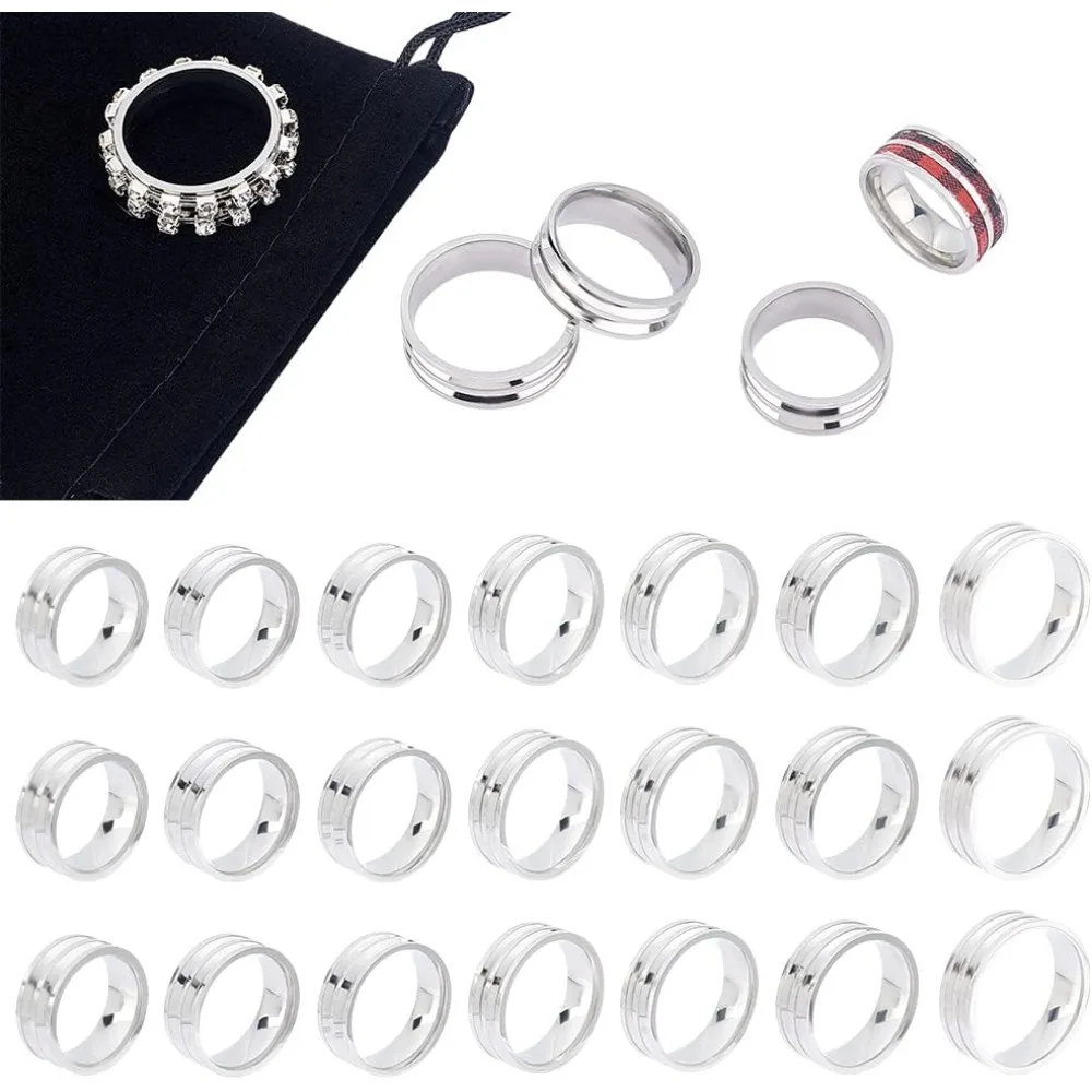 21pcs 7 Sizes Double Blank Core Finger Rings Stainless Steel Grooved Ring for Inlay Round Empty Ring Blanks with Velvet Pouches