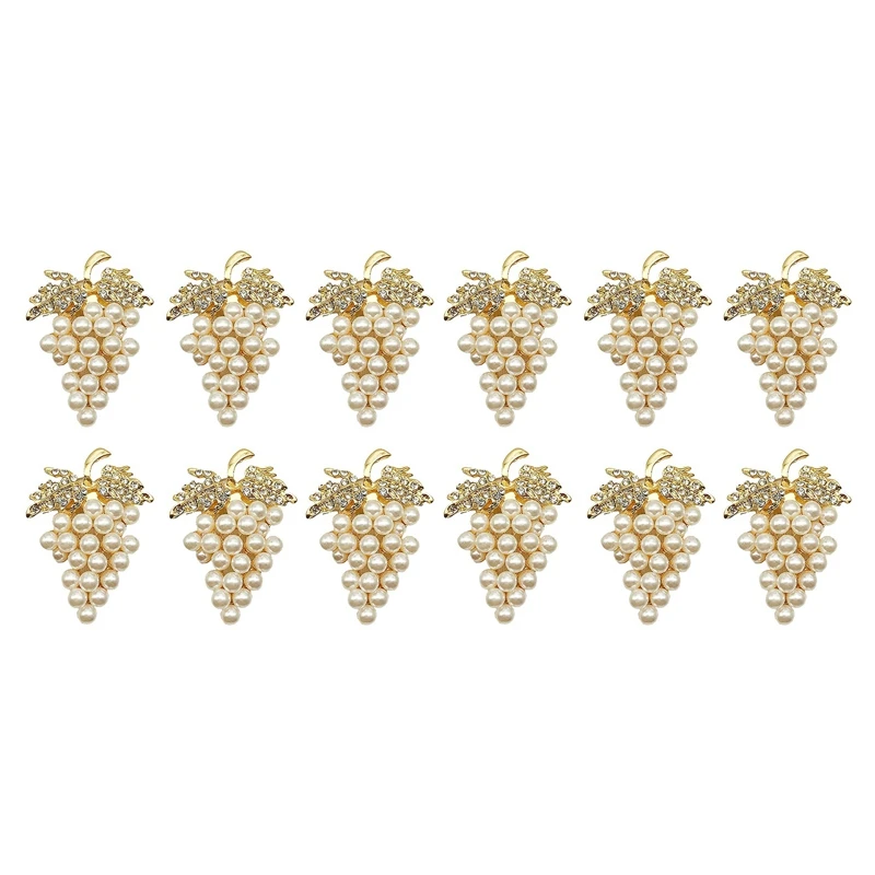 Grapes Napkin Rings Set Of 12, With Glittering Imitation Diamond And Pearls Inlay Alloy Napkin Ring Holder