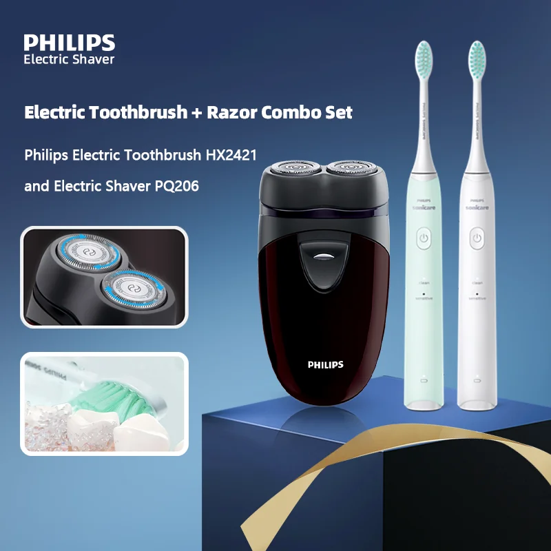 Philips Electric Toothbrush HX2421 and Shaver PQ206 Set,Intelligent Sonic Toothbrush,AA*2 Battery Double Cutter Head Shaver