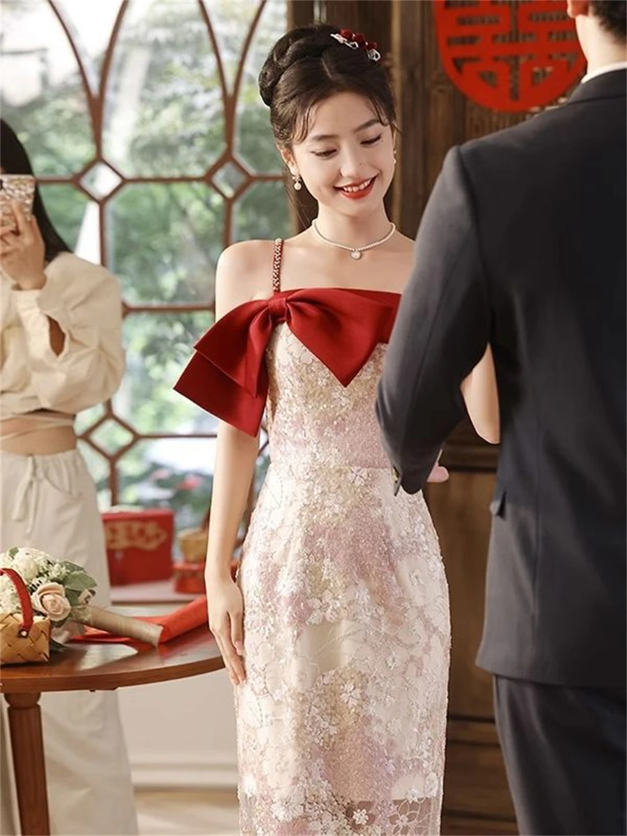 Vestido de casamento estilo chinês com cinta de espaguete, roupa elegante vintage brinde, vestido moderno de festa Qipao