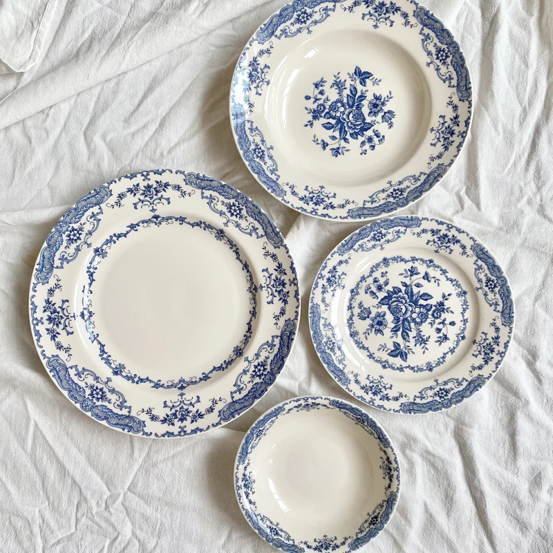 

Желтый корпус подглазурного цвета, синяя цветочная керамическая тарелка для десерта для послеобеденного чая, глубокая тарелка в стиле ретро, миска для зерна