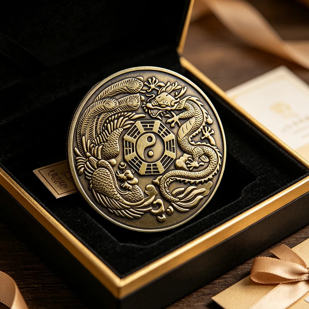 1pc Vintage Taiji Eight Trigrams Collectible Coin Traditional Chinese Dragon Phoenix Bagua Metal Coin Spiritual Souvenir Gifts