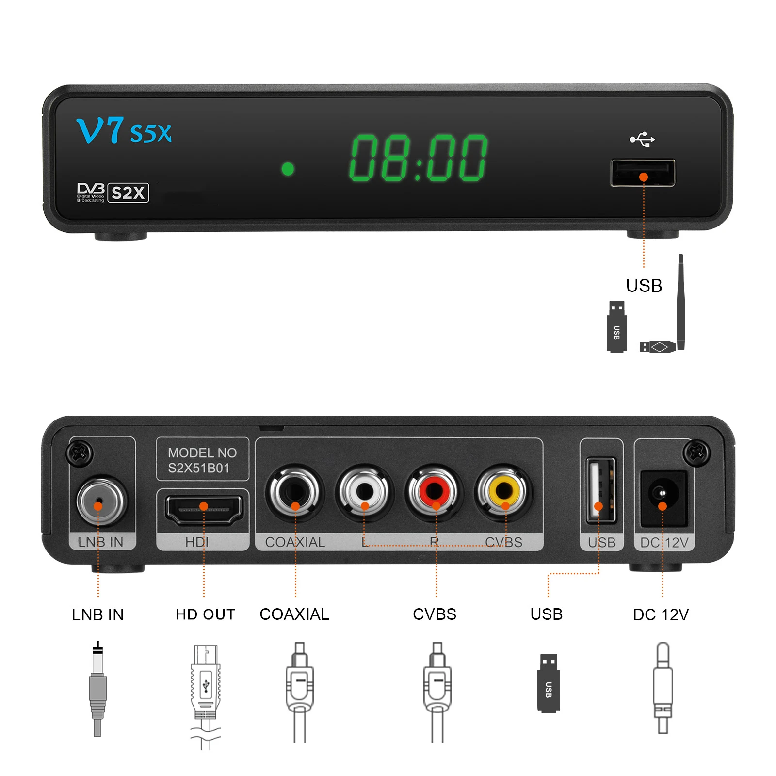 GTMEDIA V7 S5X جهاز استقبال تلفزيون عالي الدقة DVB-S/S2/S2X FHD 1080P H.265 8 بت MPEG-2/4 AVS + CCM ACM VCM متعدد الأشواط/T2-MI مع USB WIFI لإسبانيا دعم CVBS CCAM