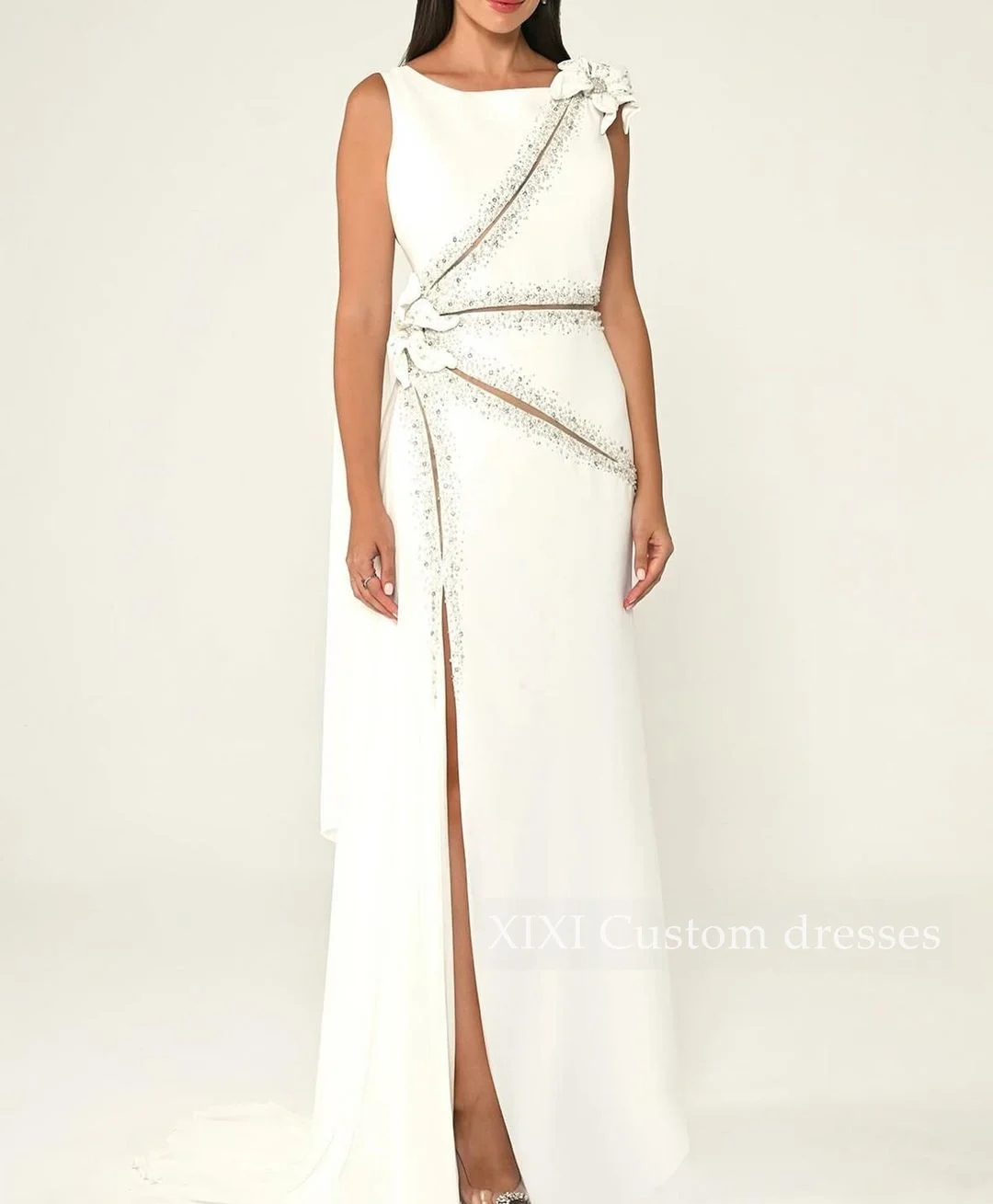 فستان سهرة XIXI مغرفة بياقة مطرزة بالخرز بطول أرضي مكشكشة بسحاب فساتين بلا أكمام لحفلة موسيقية Vestidos De Festa #2