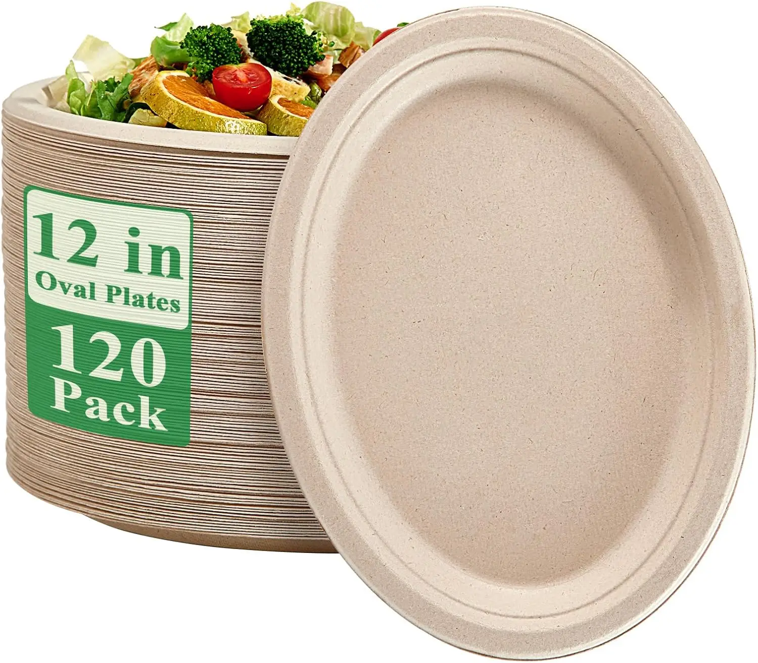 

100% Compostable Oval Paper Plates 12 inch 120 Pack Super Strong Disposable Dinner Plates Natural Biodegradable Eco-Friend