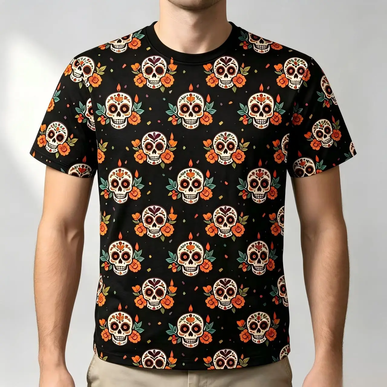 Men Women Teen Dia De Los Muertos Sugar Skull Marigold All Over Print T‑Shirt Casual Short Sleeve Crew Neck Tee