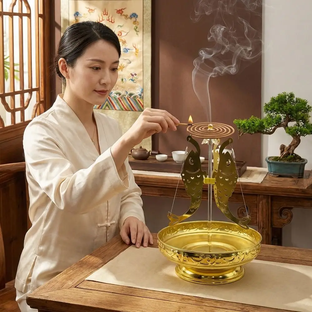 Adjustable Center Rod Three-Fish Incense Holder Handcrafted Stainless Steel Incense Tray Holder Decorative Coil Frame Burner
