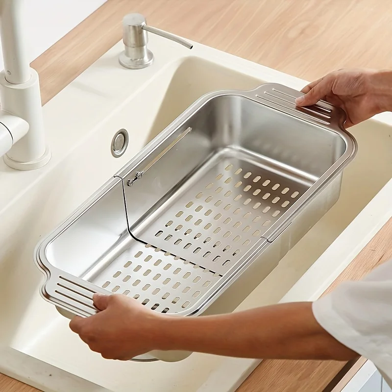 

1pc, Stainless Steel Telescopic Over-the-Sink Colander Basket, Adjustable 8.25"x13.75"-17.25" Size For Rinsing Fruits, Vegetable