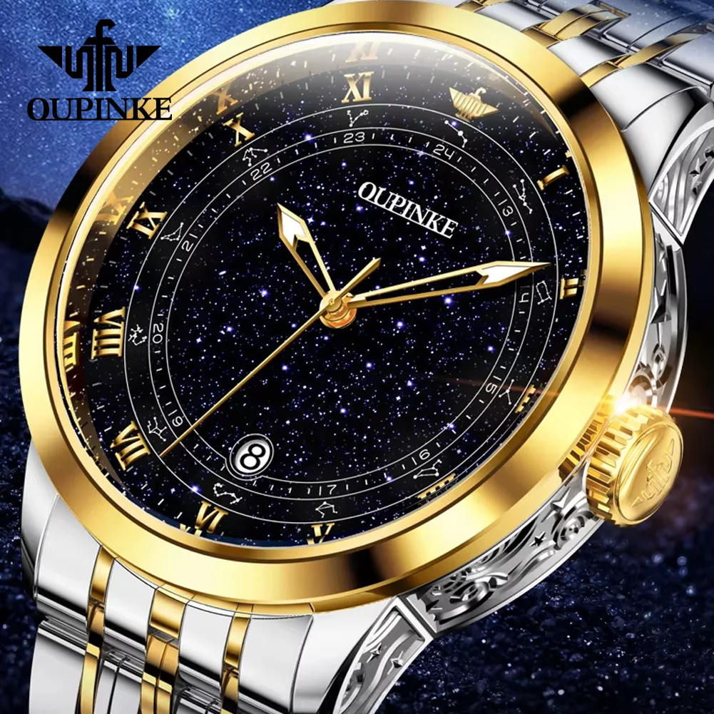 OUPINKE Automatic Men's Watch Luxury Diamond Bezel Starry Sky Dial Original Brand Sapphire Mirror Mechanical Man Wristwatch 3203